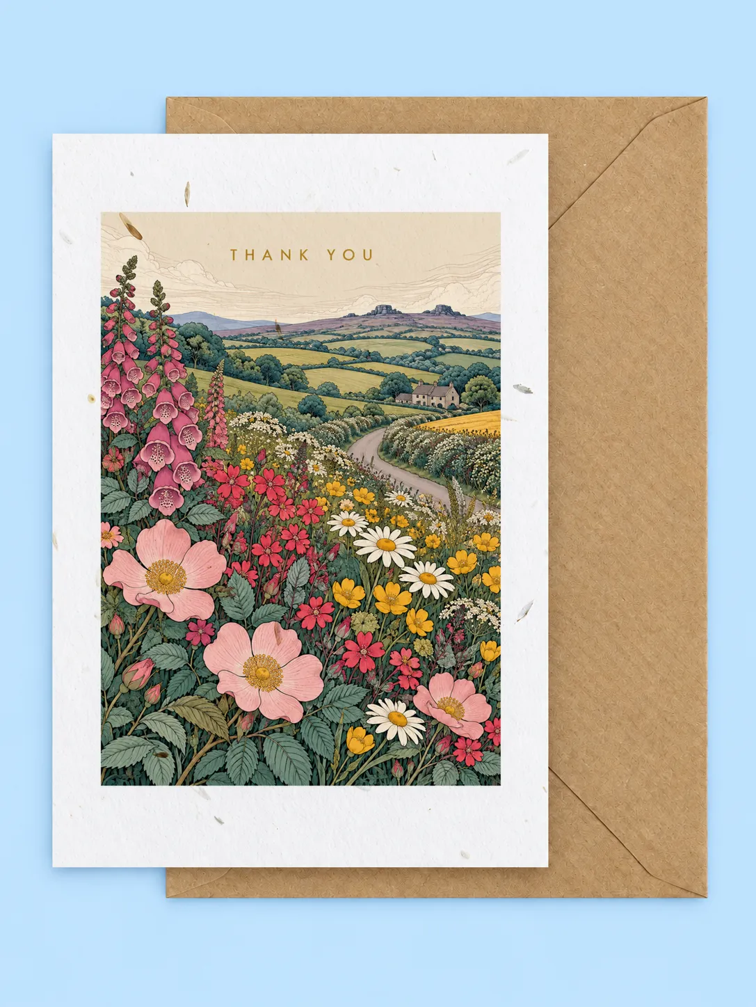 Devon countryside with foxgloves, dog roses and daisies beside a winding lane through rolling hills, seed-filled thank you card with a kraft envelope on a pale blue background