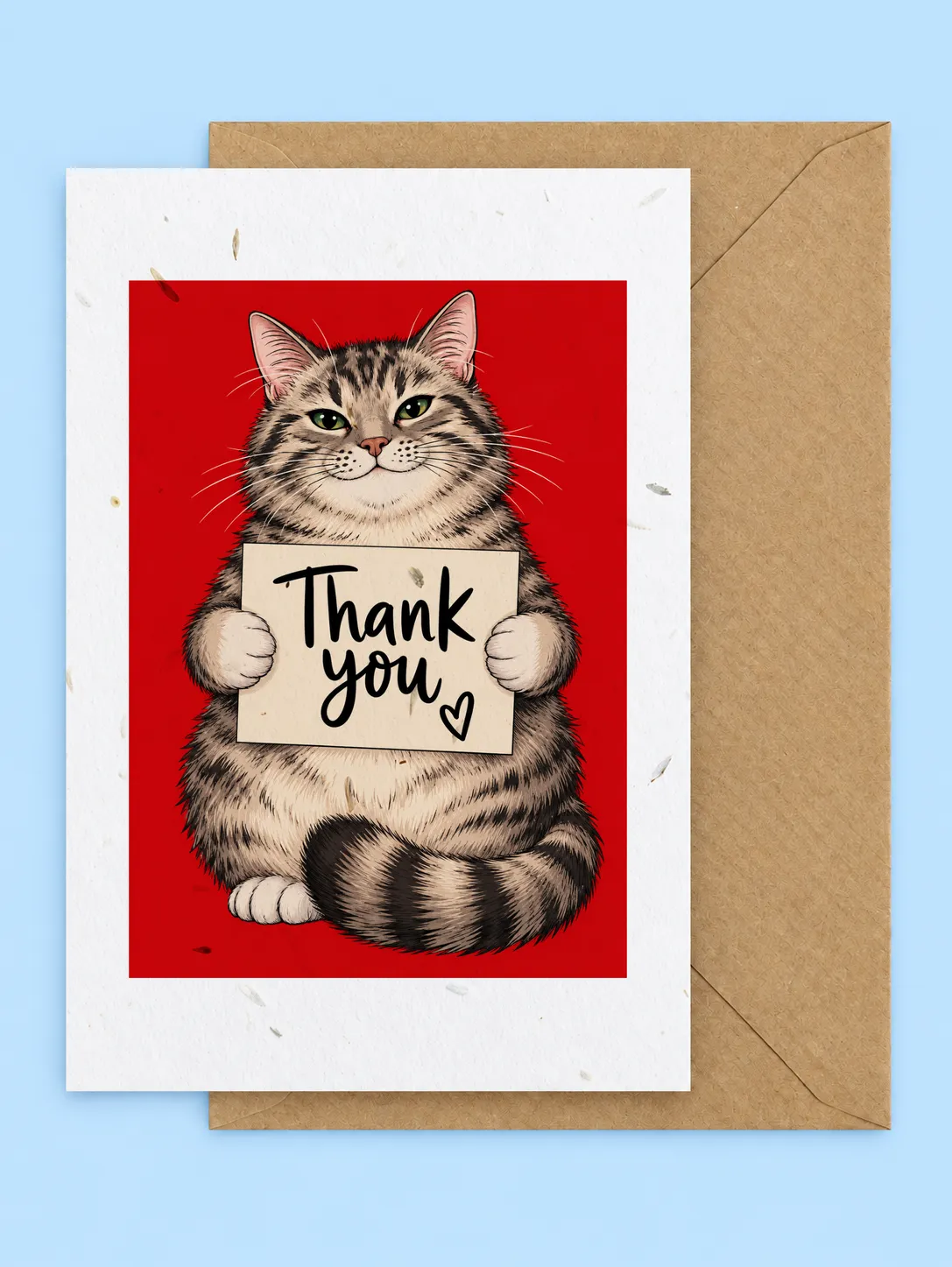 Tabby cat holding a Thank you sign on a red background, plantable thank you card with a kraft envelope on a pale blue background