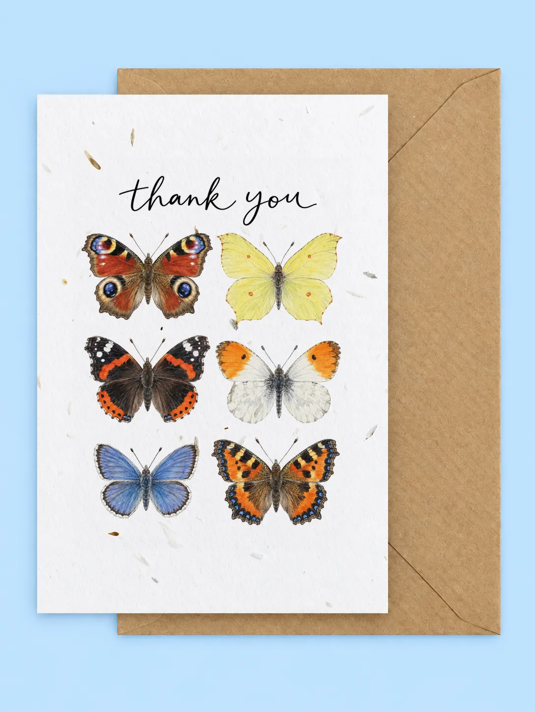 Six British butterflies including a peacock, red admiral and brimstone under thank you script, seed paper thank you card with a kraft envelope on a pale blue background