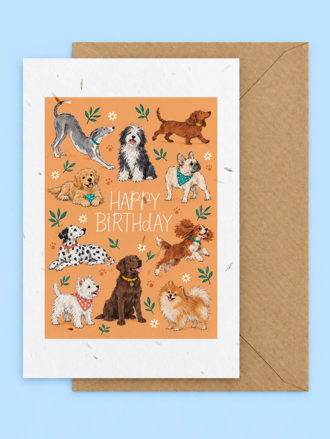 Dogs of different breeds playing around Happy Birthday lettering on an orange background, seed-filled birthday card with a kraft envelope on a pale blue background